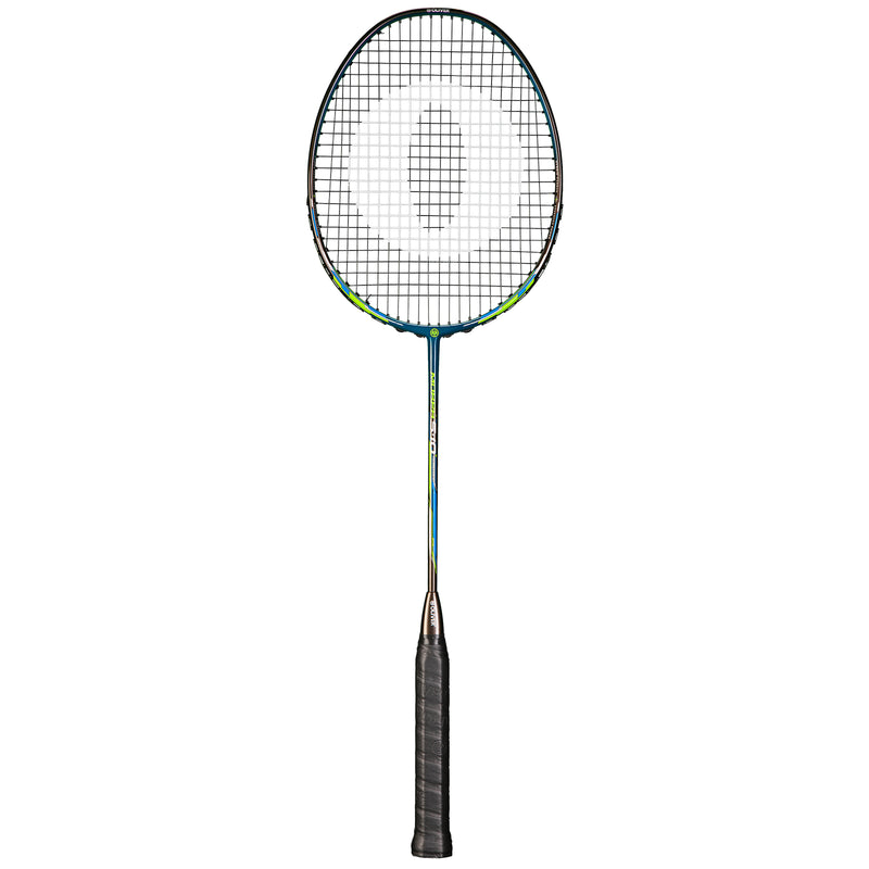 Oliver Badmintonschläger Modell Morph S10, blau-grüner Schläger mit schwarzem Griff vor einem weißen Hintergrund