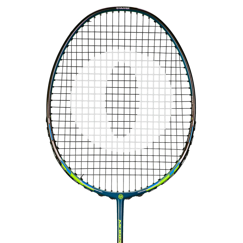 Oliver Badmintonschläger Modell Morph S10, blau-grüner Schläger vor einem weißen Hintergrund