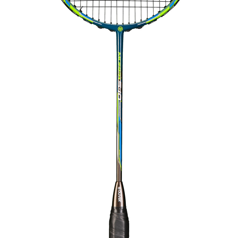 Oliver Badmintonschläger Modell Morph S10, blau-grüner Schläger mit schwarzem Griff vor einem weißen Hintergrund