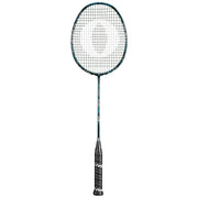 Oliver Badmintonschläger Modell Omex 710, schwarzer Schläger mit blauem Design und schwarzem Griff vor einem weißen Hintergrund