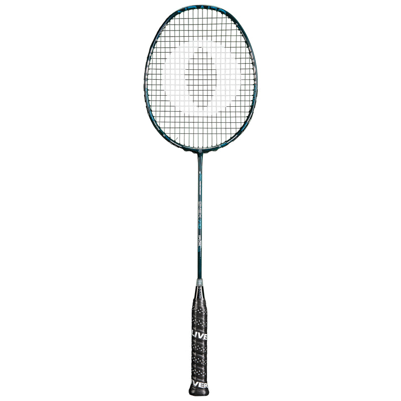 Oliver Badmintonschläger Modell Omex 710, schwarzer Schläger mit blauem Design und schwarzem Griff vor einem weißen Hintergrund
