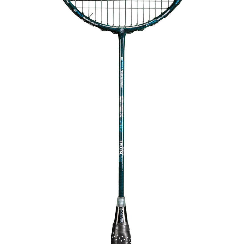 Oliver Badmintonschläger Modell Omex 710, schwarzer Schläger mit blauem Design und schwarzem Griff vor einem weißen Hintergrund