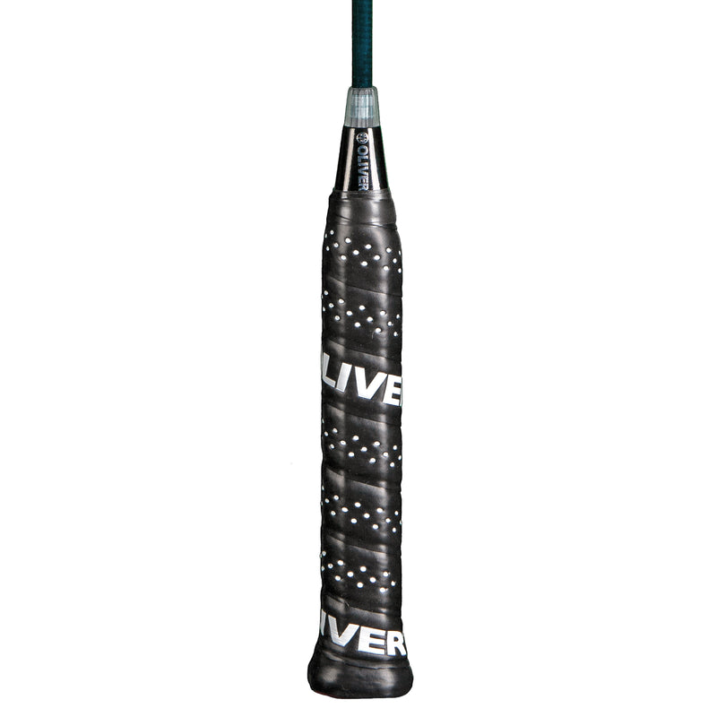 Oliver Badmintonschläger Modell Omex 710, schwarzer Griff vor einem weißen Hintergrund