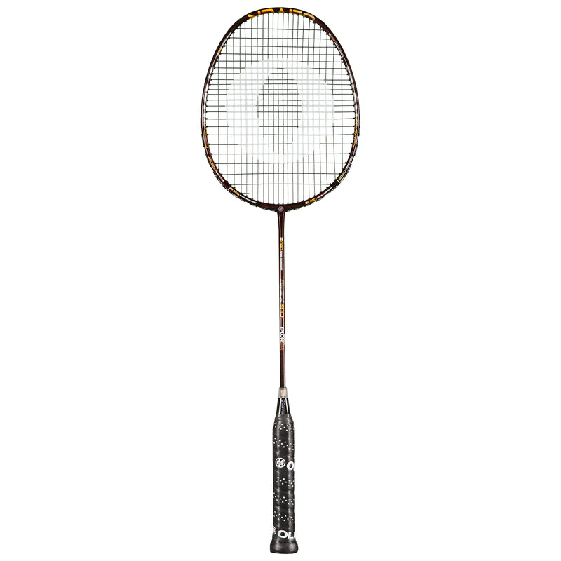 Oliver Badmintonschläger Modell Omex 910, schwarzer Schläger mit goldenem Design und schwarzem Griff vor einem weißen Hintergrund