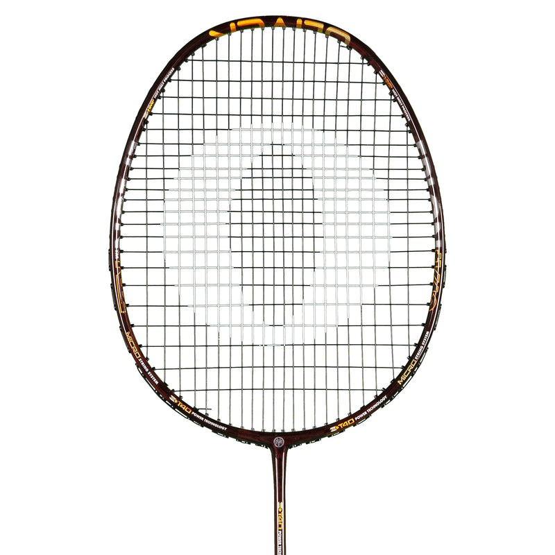 Oliver Badmintonschläger Modell Omex 910, schwarzer Schläger mit goldenem Design vor einem weißen Hintergrund