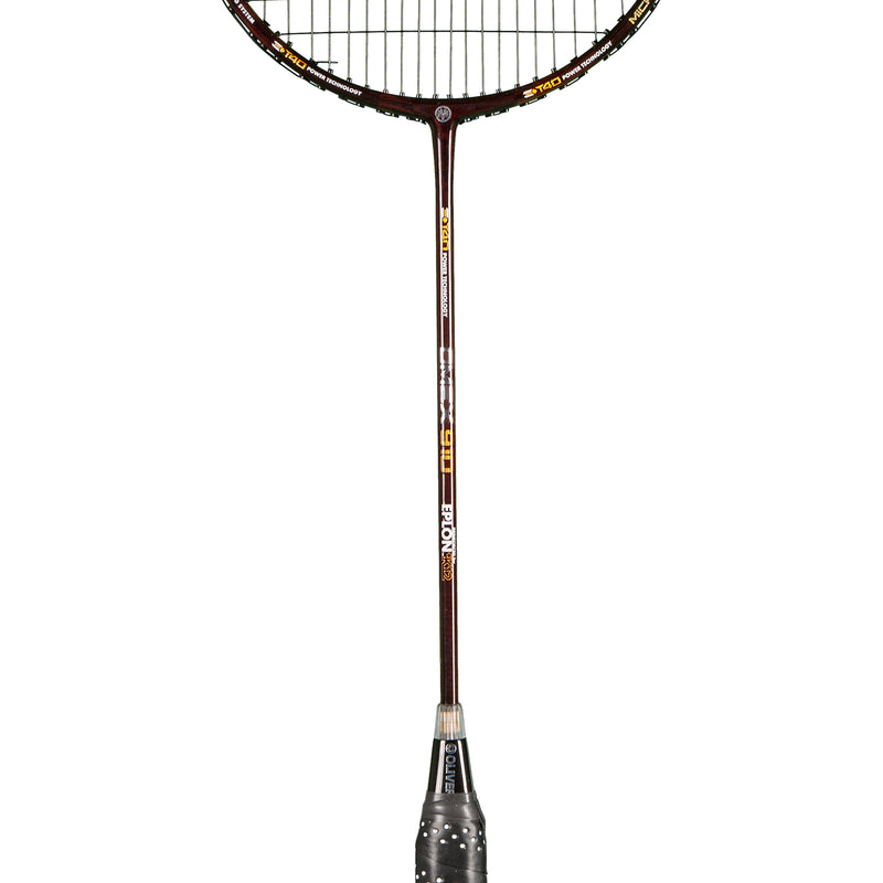 Oliver Badmintonschläger Modell Omex 910, schwarzer Schläger mit goldenem Design und schwarzem Griff vor einem weißen Hintergrund