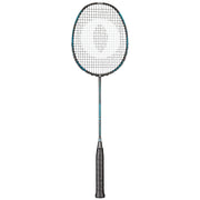 Oliver Badmintonschläger Modell Organic 6, schwarzer Schläger mit blauem Design und schwarzem Griff vor einem weißen Hintergrund