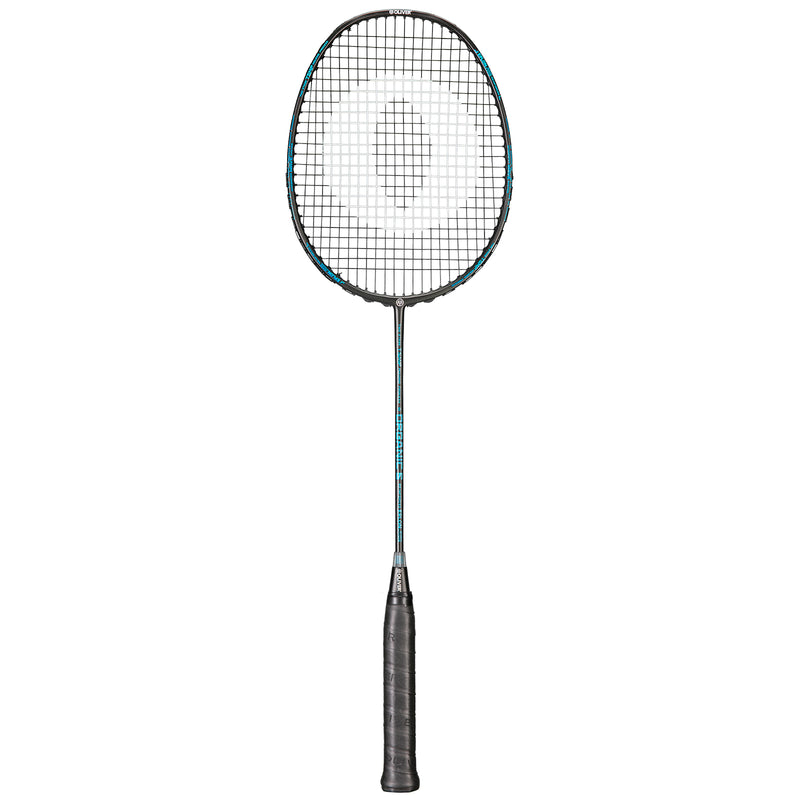 Oliver Badmintonschläger Modell Organic 6, schwarzer Schläger mit blauem Design und schwarzem Griff vor einem weißen Hintergrund
