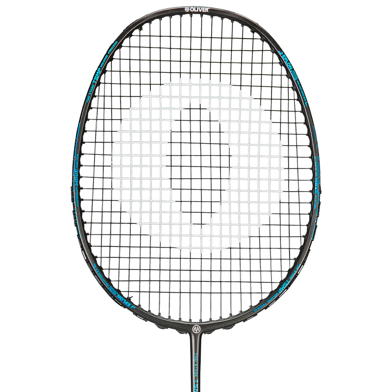 Oliver Badmintonschläger Modell Organic 6, schwarzer Schläger mit blauem Design vor einem weißen Hintergrund