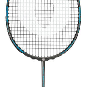 Oliver Badmintonschläger Modell Organic 6, schwarzer Schläger mit blauem Design vor einem weißen Hintergrund