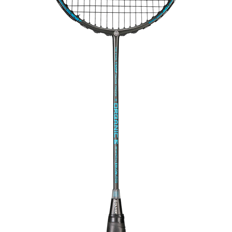 Oliver Badmintonschläger Modell Organic 6, schwarzer Schläger mit blauem Design und schwarzem Griff vor einem weißen Hintergrund#