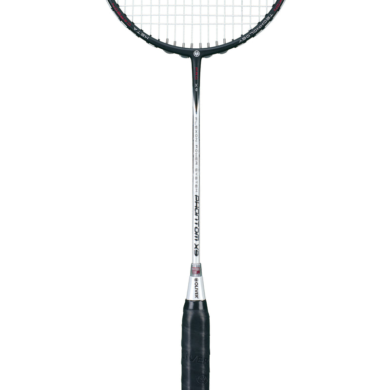 Oliver Badmintonschläger Modell Phantom X9, schwarz-weißer Schläger mit schwarzem Griff vor einem weißen Hintergrund