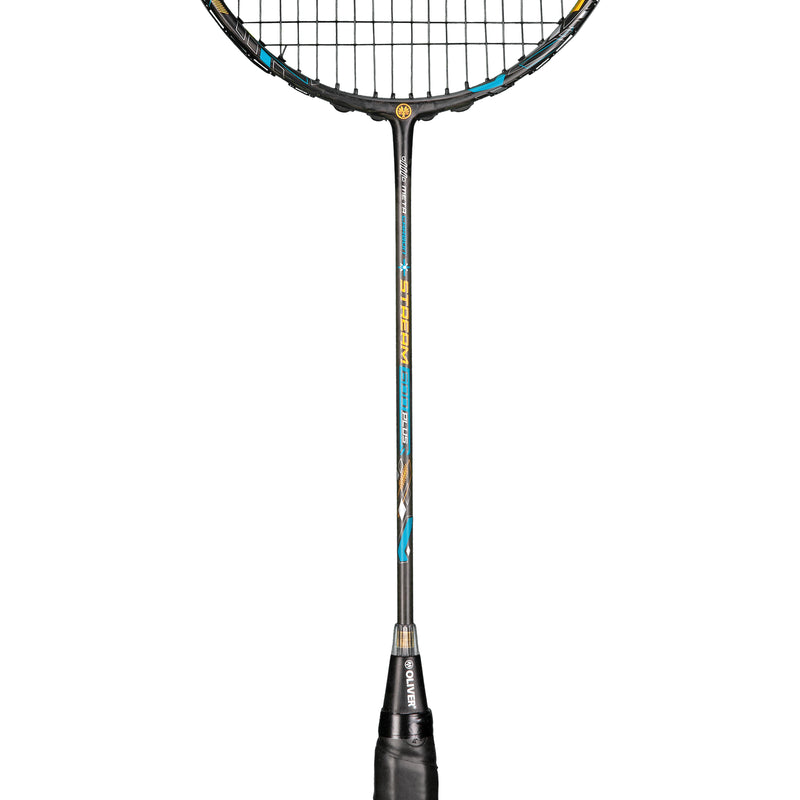 Oliver Badmintonschläger Modell Stream 600, schwarzer Schläger mit blauem Design und schwarzem Griff vor einem weißen Hintergrund