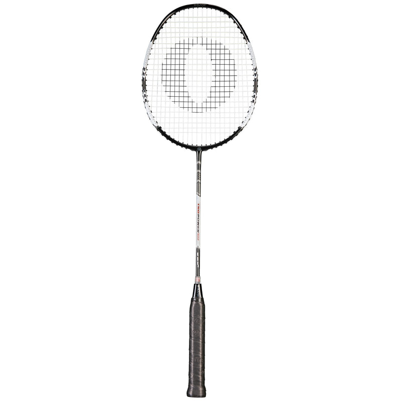 Oliver Badmintonschläger Modell T-50 Power Tour, silber-schwarzer Schläger mit schwarzem Griff vor weißen Hintergrund