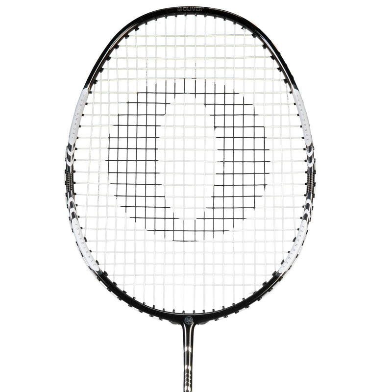 Oliver Badmintonschläger Modell T-50 Power Tour, silber-schwarzer Schläger vor weißen Hintergrund