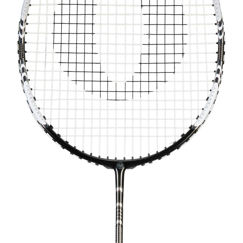 Oliver Badmintonschläger Modell T-50 Power Tour, silber-schwarzer Schläger vor weißen Hintergrund