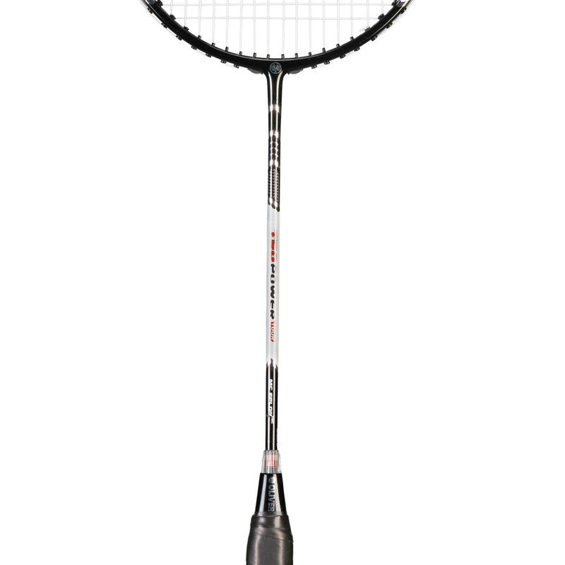 Oliver Badmintonschläger Modell T-50 Power Tour, silber-schwarzer Schläger mit schwarzem Griff vor weißen Hintergrund