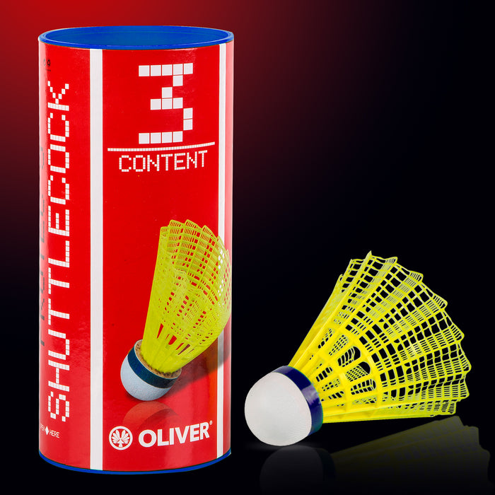 OLIVER Pro-Tec 5 Badminton Bälle in gelbem Nylon mit blauem Band für mittlere Geschwindigkeit, 3 Stück, in roter Verpackung