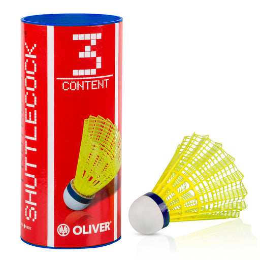 OLIVER Pro-Tec 5 Badminton Bälle in gelbem Nylon mit blauem Band für mittlere Geschwindigkeit, 3 Stück, in roter Verpackung