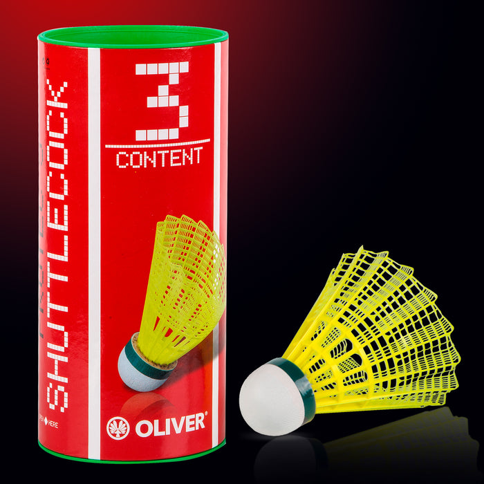 OLIVER Pro-Tec 5 Badminton Bälle in gelben Nylon mit grünem Band für langsameres Spiel, 3 Stück, in roter Verpackung