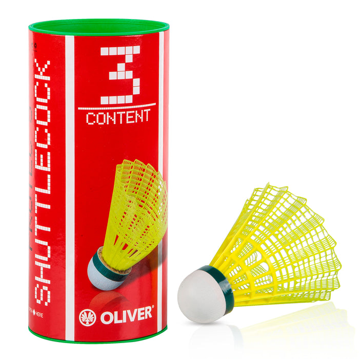 OLIVER Pro-Tec 5 Badminton Bälle in gelben Nylon mit grünem Band für langsameres Spiel, 3 Stück, in roter Verpackung