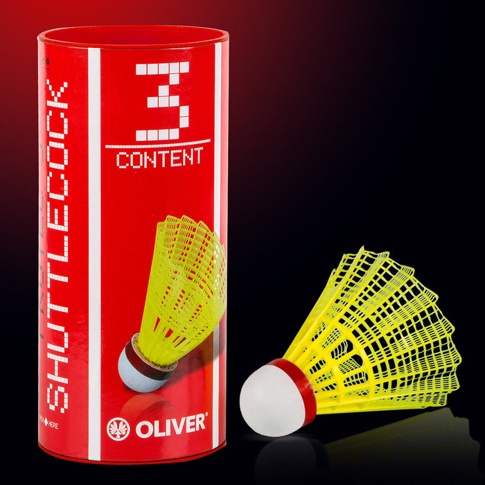 OLIVER Pro-Tec 5 Badminton Bälle in gelbem Nylon mit rotem Band für schnelle Geschwindigkeit, 3 Stück, in roter Verpackung