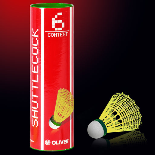 OLIVER Pro-Tec 5 Badminton Bälle in gelben Nylon mit grünem Band für langsameres Spiel, 6 Stück, in roter Verpackung