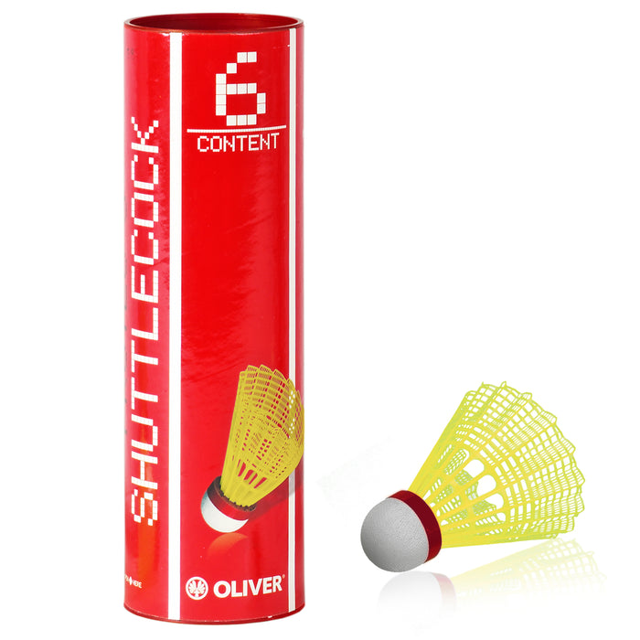 OLIVER Pro-Tec 5 Badminton Bälle in gelbem Nylon mit rotem Band für schnelle Geschwindigkeit, 6 Stück, in roter Verpackung