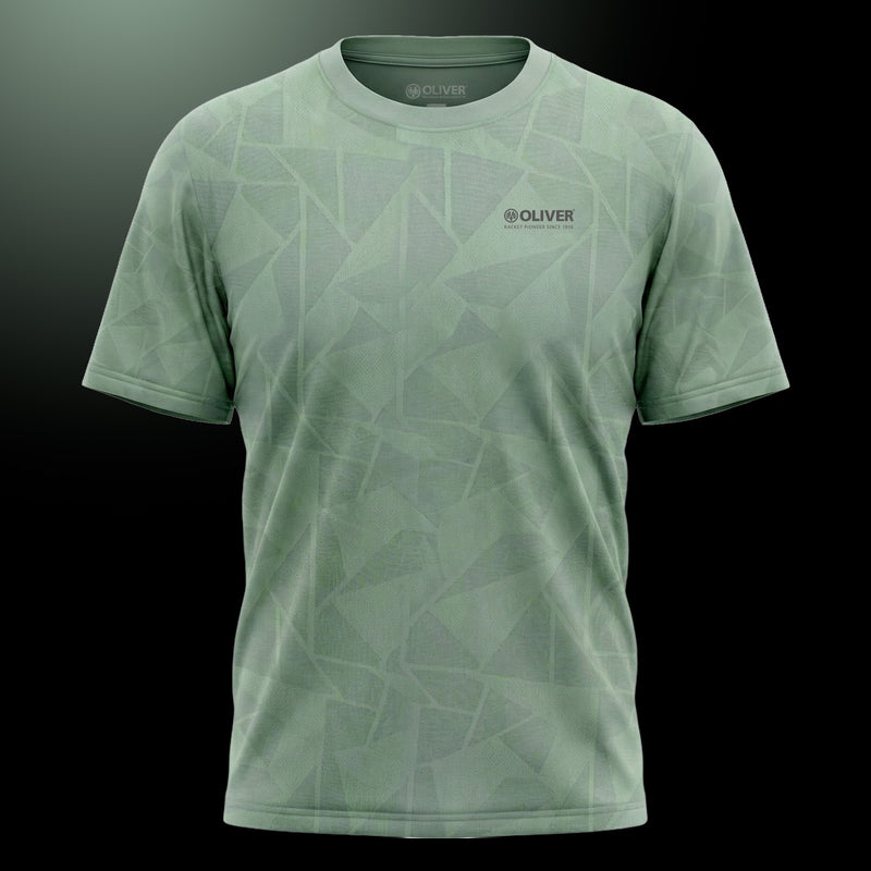 Olive-grünes, gemustertes Sport T-Shirt mit Logo von OLIVER auf dunklem Hintergrund