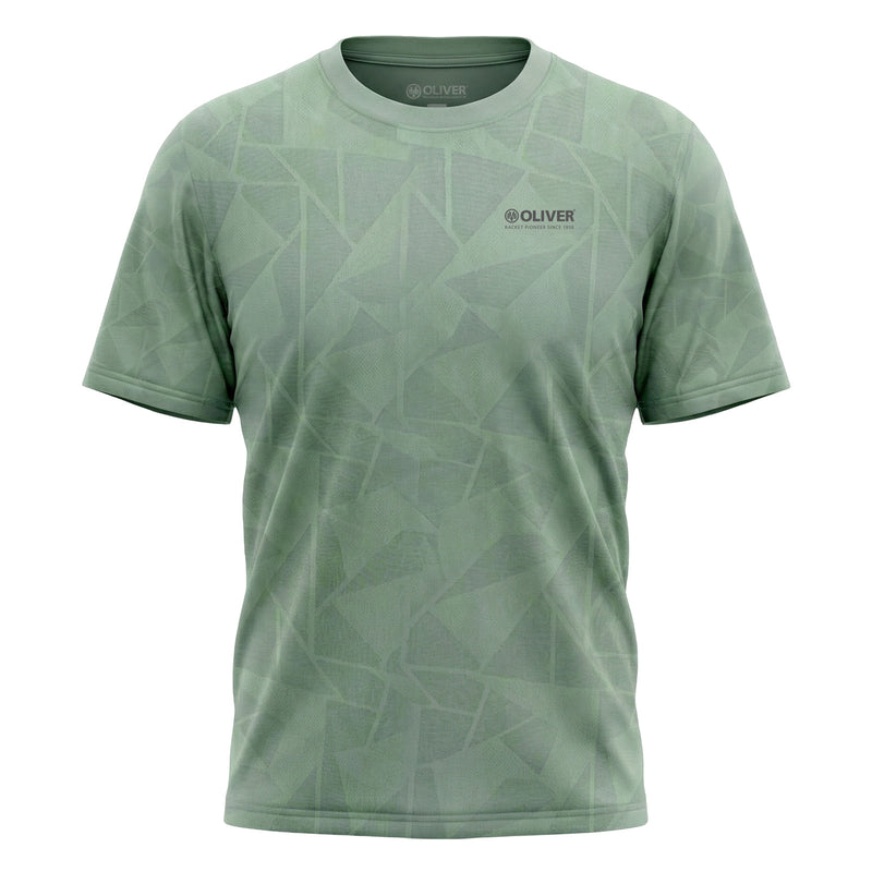 Olive-grünes, gemustertes Sport T-Shirt mit Logo von OLIVER auf weißem Hintergrund