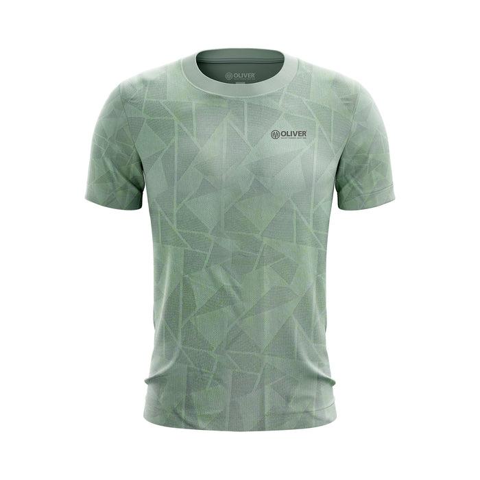 Olive-grünes, gemustertes Sport T-Shirt mit Logo von OLIVER auf weißem Hintergrund