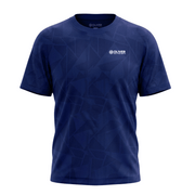 Marine-blaues, gemustertes Sport T-Shirt mit Logo von OLIVER auf weißem Hintergrund