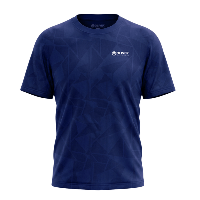 Marine-blaues, gemustertes Sport T-Shirt mit Logo von OLIVER auf weißem Hintergrund