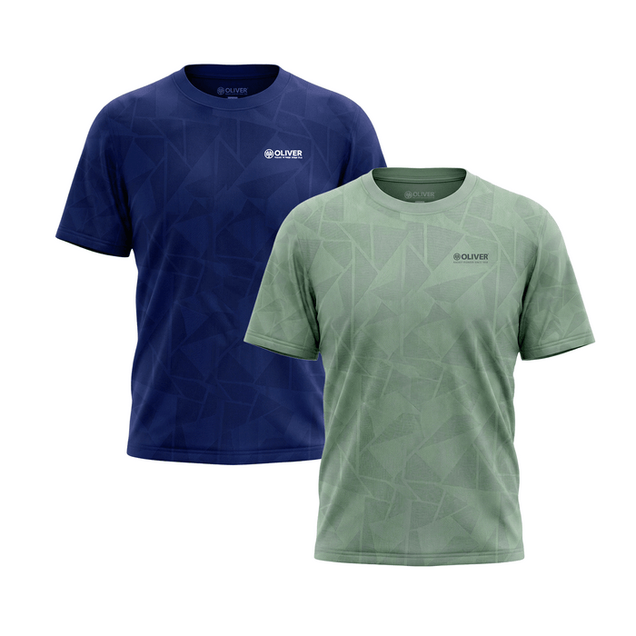 Marine-blaues und oliv-grünes, gemustertes Sport T-Shirt mit Logo von OLIVER auf weißem Hintergrund