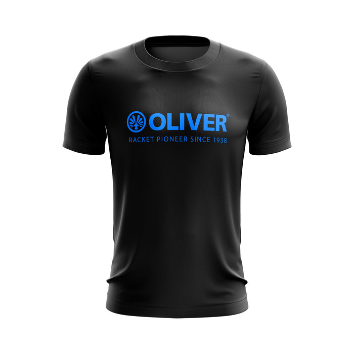 Schwarzes Sport T-Shirt mit großem,  blauem OLIVER Logo auf weißem Hintergrund