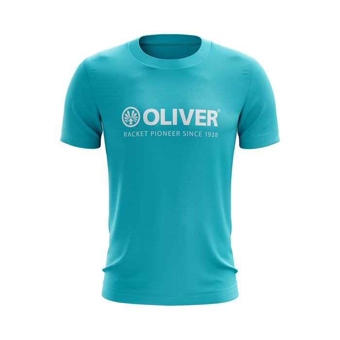 Sport T-Shirt in petrol mit großem,  weißem OLIVER Logo auf weißem Hintergrund