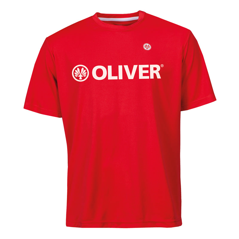Rotes OLIVER Active T-Shirt mit weißem Logo, ideal für Sport und Freizeit, aus 100% Polyester