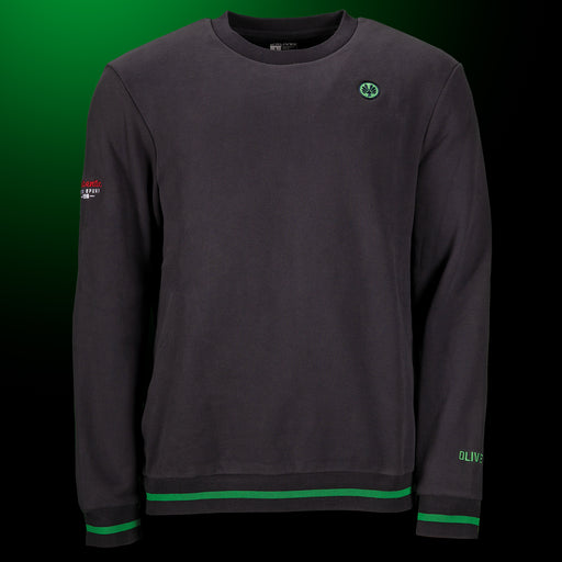 Schwarzes OLIVER Authentic Sweatshirt mit grünen Akzenten,ideal für Sport und Alltag, gezeigt vor schwarz/grünem Hintergrund