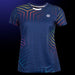Dunkelblaues Damen-T-Shirt mit buntem geometrischen Muster und OLIVER Logo auf der Brust