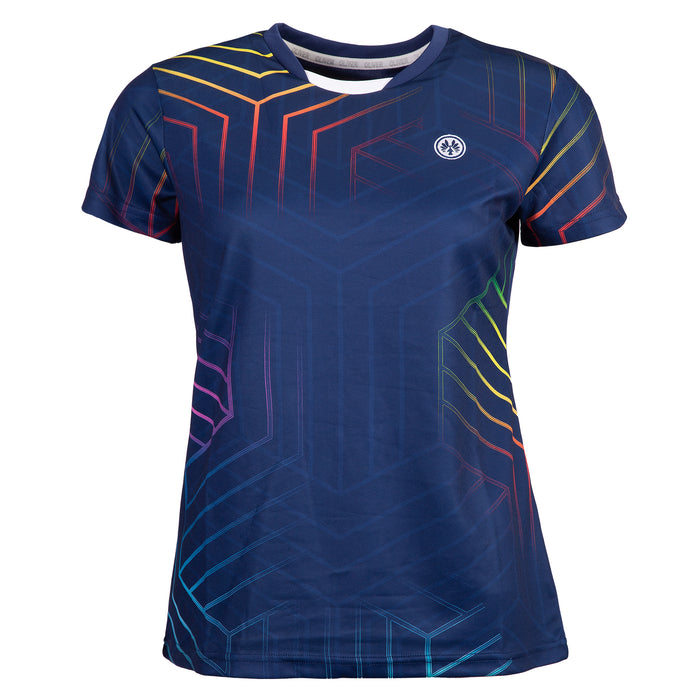 Dunkelblaues Damen-T-Shirt mit buntem geometrischen Muster und OLIVER Logo auf der Brust