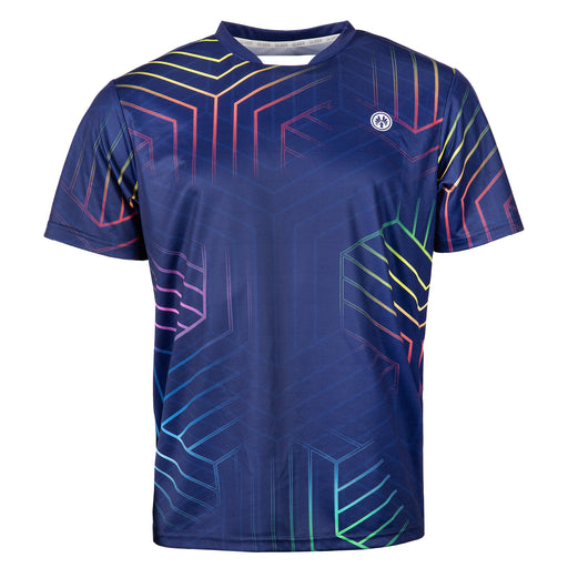 Dunkelblaues Herren-T-Shirt mit buntem geometrischen Muster und OLIVER Logo auf der Brust