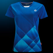 Blaues Damen-T-Shirt mit geometrischem Rautenmuster und OLIVER Logo auf der Brust