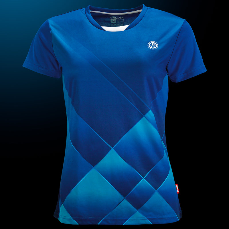 Blaues Damen-T-Shirt mit geometrischem Rautenmuster und OLIVER Logo auf der Brust