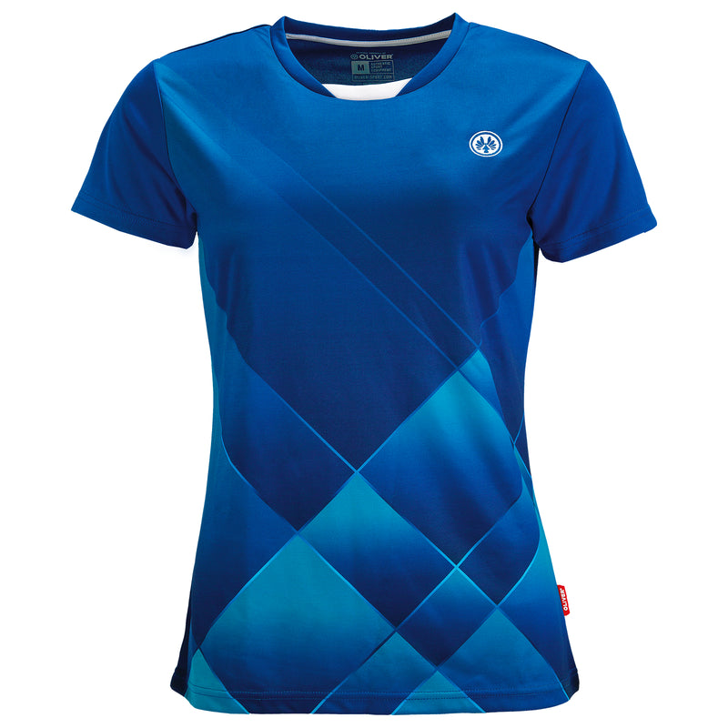 Blaues Damen-T-Shirt mit geometrischem Rautenmuster und OLIVER Logo auf der Brust
