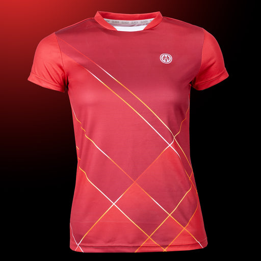 Rotes Damen-T-Shirt mit geometrischem Rautenmuster und OLIVER Logo auf der Brust