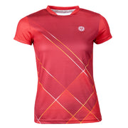 Rotes Damen-T-Shirt mit geometrischem Rautenmuster und OLIVER Logo auf der Brust