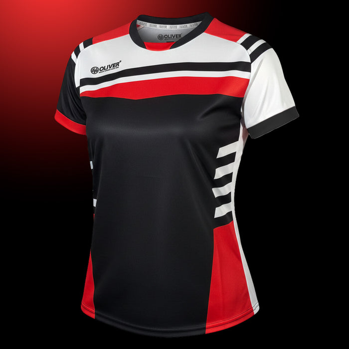 OLIVER Milano Lady-Shirt in schwarz-weiß-rot mit dezentem OLIVER-Logo auf dunklem, roten Hintergrund