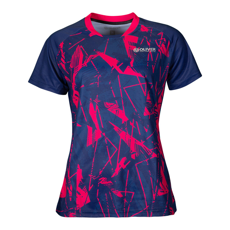 OLIVER Verona Lady-Shirt in blau-pink mit dezentem OLIVER-Logo auf weißem Hintergrund