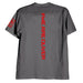 Dunkelgraues T-Shirt mit rotem Logo auf dem Ärmel und rotem Schriftzug '#WE ARE OLIVER' auf dem Rücken