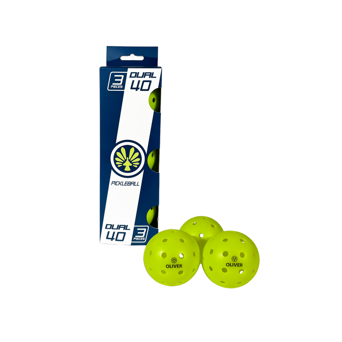 OLIVER Pickleball Bälle 3-er Set in einer blau-weißen Verpackung auf dunklem Hintergrund